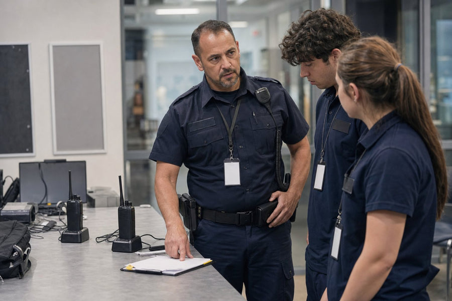 Security guard training a team in a Defencify-style classroom setting