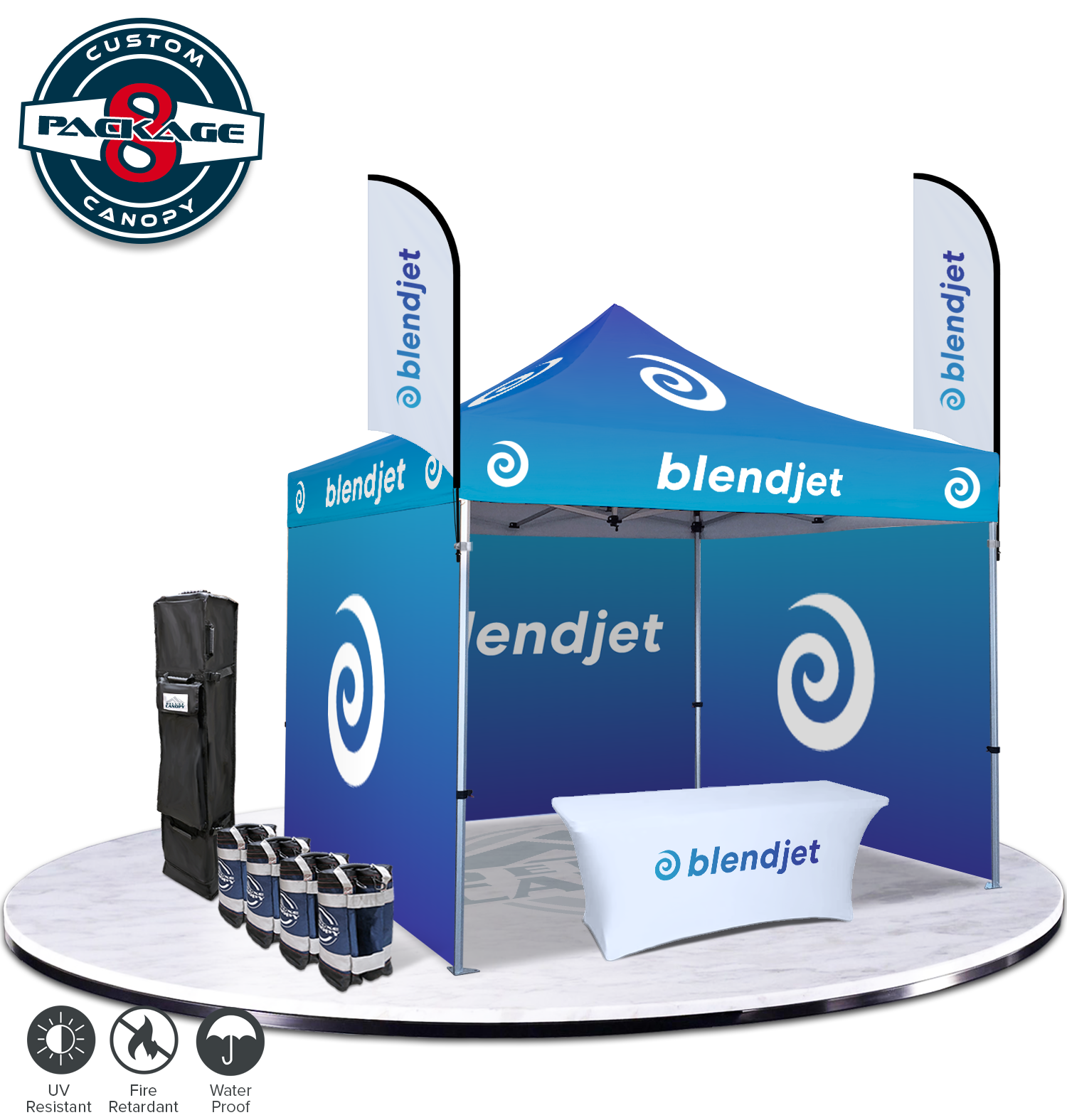Deluxe Canopy custom-printed 10x10 canopy tent package with feather flags, table cover, and sandbags
