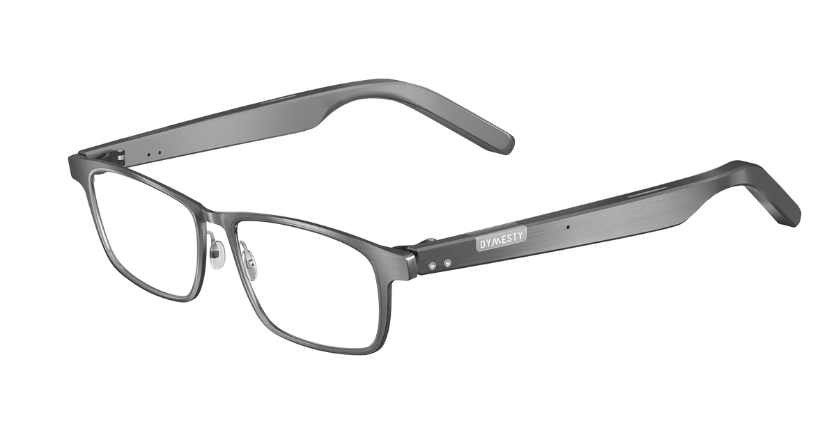 Dymesty Cook Edge AI glasses, angled view showing the titanium temple and logo