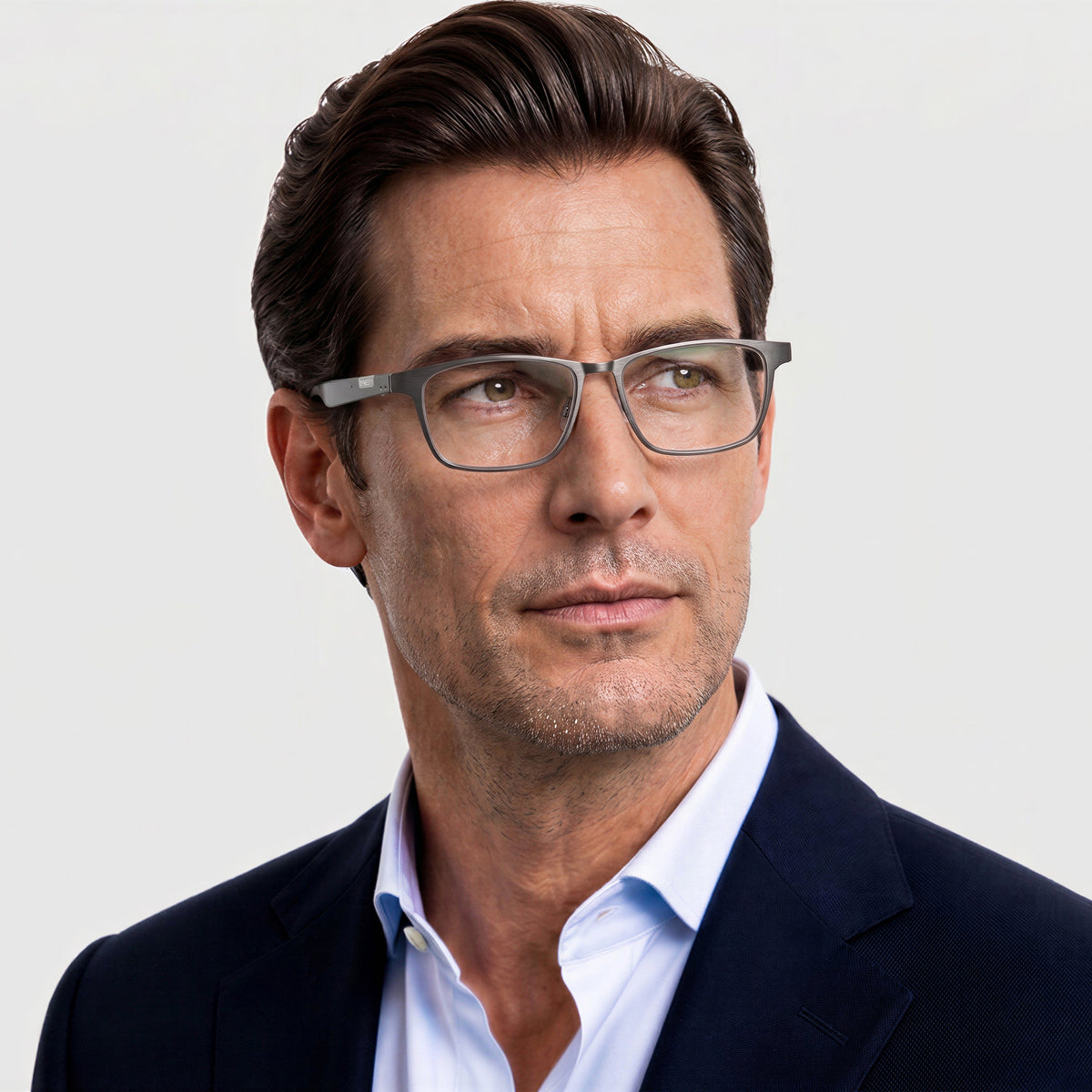 Dymesty Cook Edge AI glasses worn by a man in a business jacket, showing the low-profile fit
