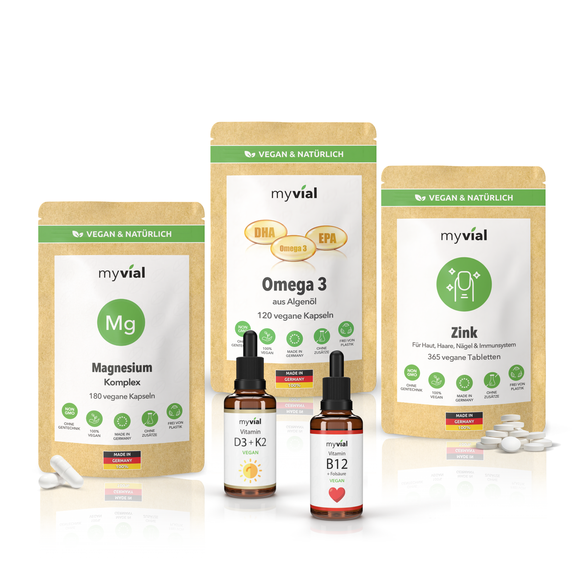 MyVial Vegan Vital package: Magnesium, Omega-3, Zink, Vitamin D3+K2, and B12