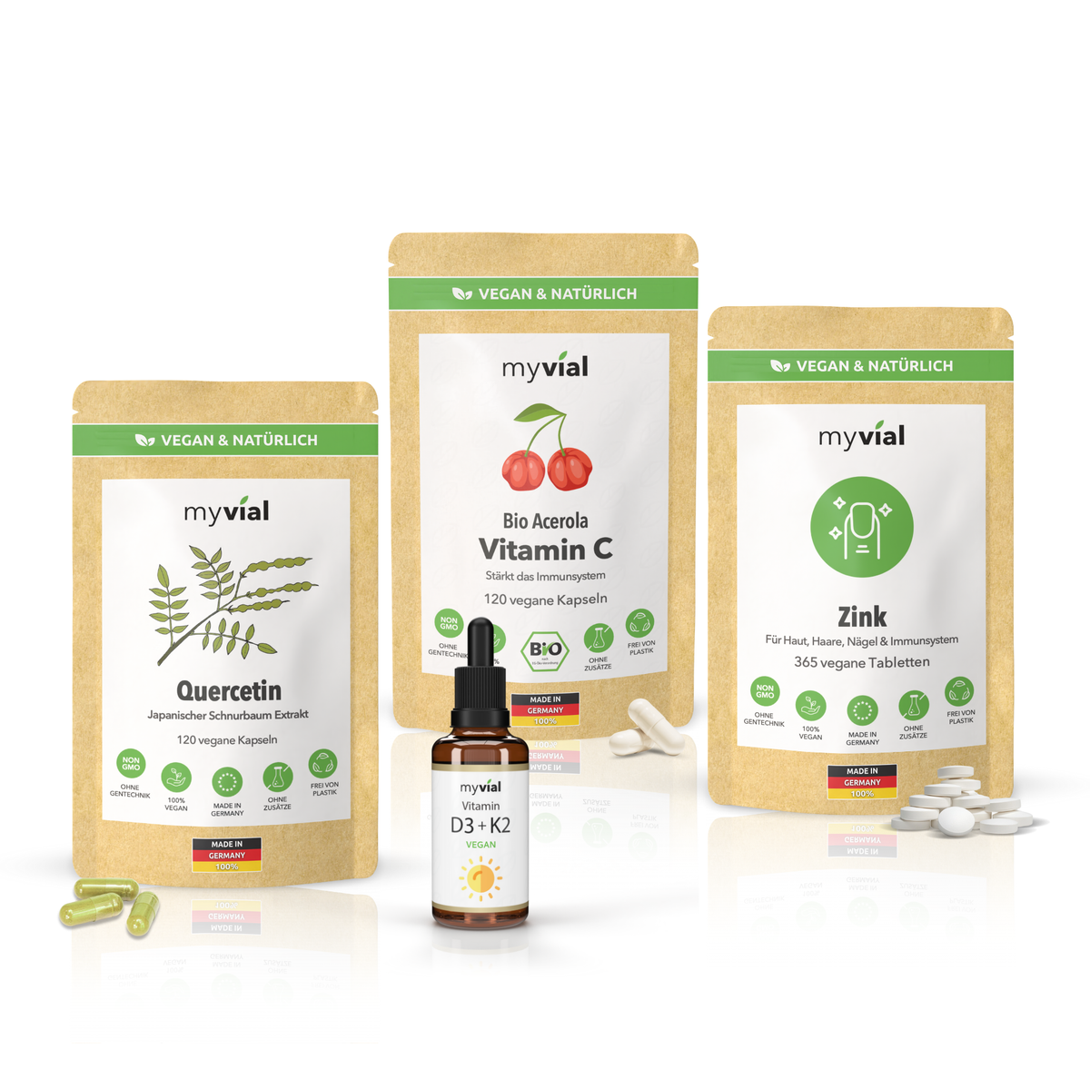 MyVial Immun-Boost package: Quercetin, Bio Acerola Vitamin C, Zink, and Vitamin D3+K2