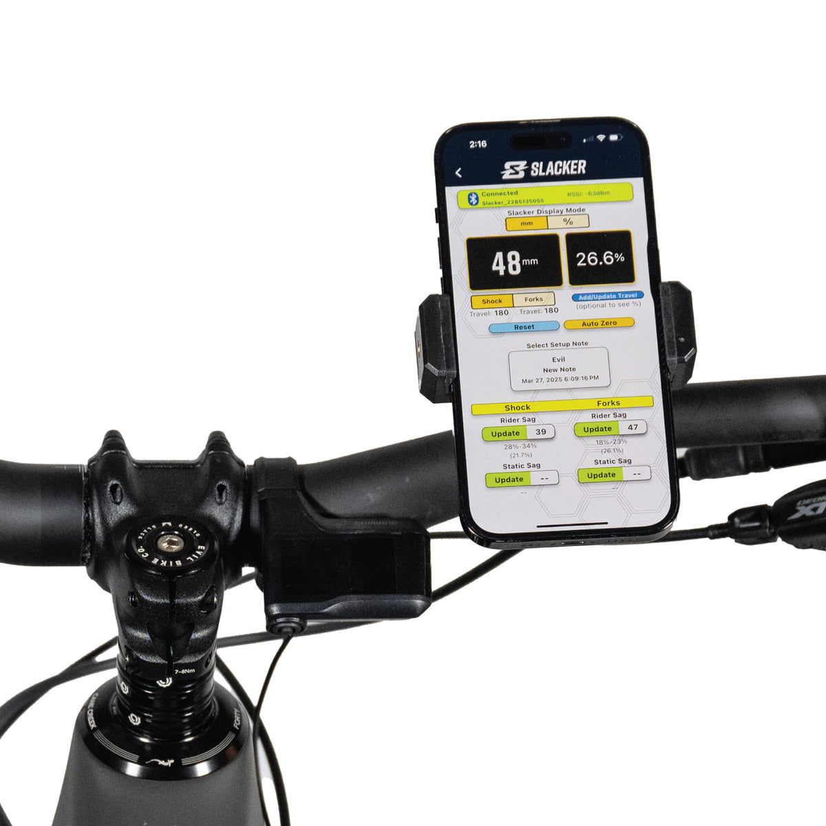 Slacker Digital Suspension Tuner mounted on a bike axle